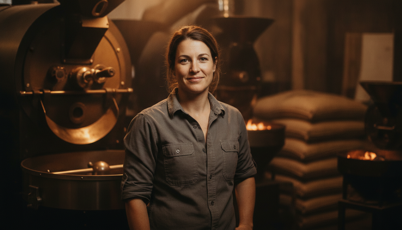 Dana Whitfield, founder of Emberlot, at the roasting drum.